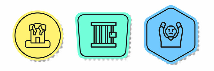 Set line Arson home, Prison window and Thief surrendering hands up. Colored shapes. Vector