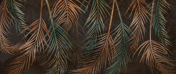 Fototapety  Luxurious gold and green flowers of tropical leaves on a dark background. Botanical beauty, modern art, floral art banner in gold color