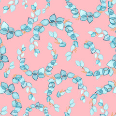 Watercolor seamless pattern with blue  eucalyptus wreath with transparent leaves. Hand-drawn. For textile, wallpaper, backdrop, greeting card, wrapping paper, wedding invitations.