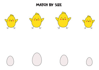 Matching game for preschool kids. Match Easter chickens and eggs by size.