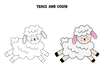 Trace and color cute Easter sheep. Worksheet for children.