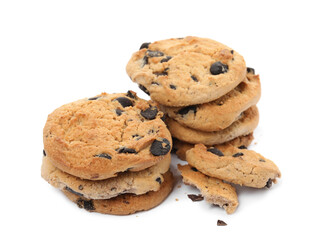 Tasty chocolate chip cookies on white background