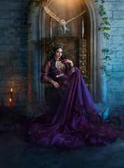 Art photo fantasy woman evil elven queen sits on throne, dark magic around purple long dress. Sexy...