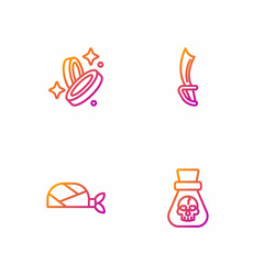 Set line Pirate coin, bandana for head, and sword. Gradient color icons. Vector