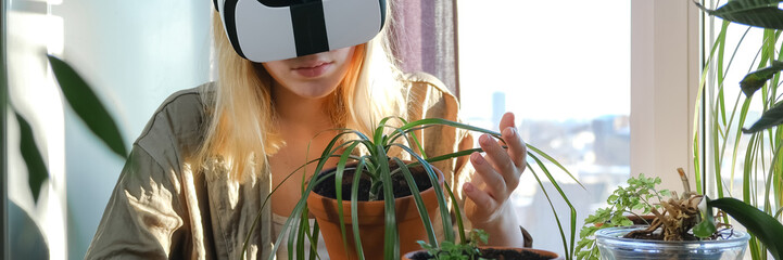 Gardening.Virtual world, metaverse.Girl planting flowers in immersive space VR.Home...