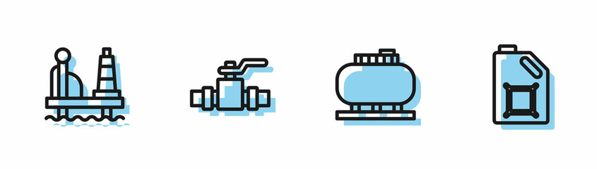 Set line Oil tank storage, platform in the sea, Metallic pipes and valve and Canister motor oil icon. Vector