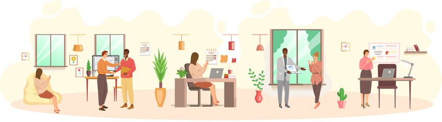 Working people. Office staff, work and communication. Head and subordinates. Various workers, managers team. Business employees on workspace. Office workers. Co-workers. Colleagues project teamwork
