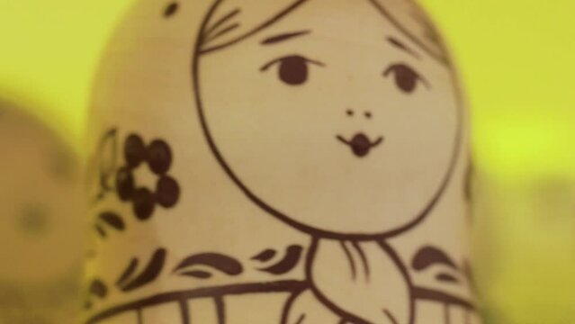 Russian nesting dolls in the original design: black and white image. Close-up shooting.