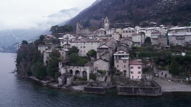 Aerial perfect parallax view of Corenno Plinio, Dervio. Lake Como true pearl for tourists.