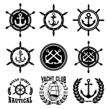 Set of vintage nautical emblems. Design elements for poster, emblem, sign, t shirt. Vectoor illustration