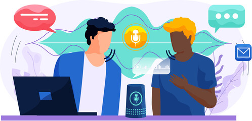 Voice assistant. Smart speaker virtual assistant, sound robot, people using voice controlled smart speaker. Voice activate digital assistant identification control contactless mobile device microphone