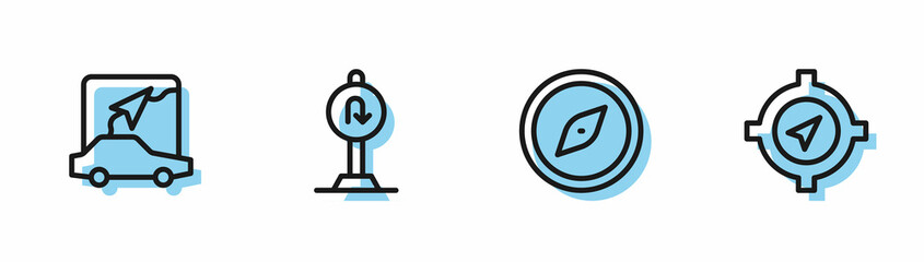 Obraz premium Set line Compass, City map navigation, Turn back road sign and icon. Vector