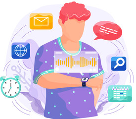 Voice assistant software agent perform tasks for user. Speaker recognition, vote controlled smart speaker. Man voice activated digital assistants, identification. Virtual assistant, sound robot