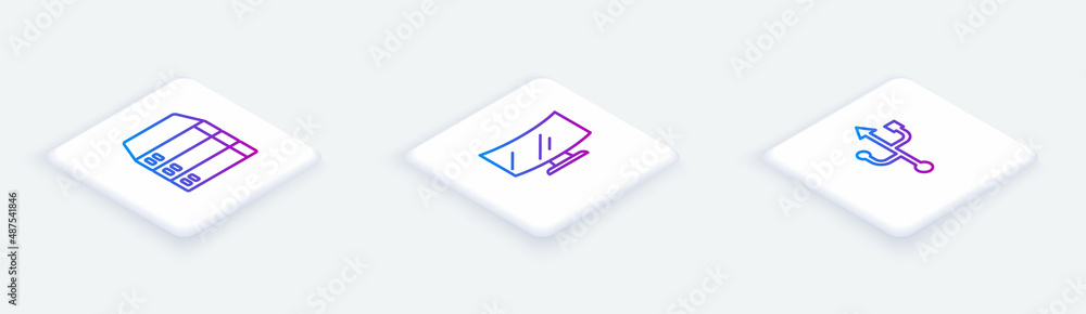 Poster set isometric line server, data, web hosting, computer monitor screen and usb. white square button. 