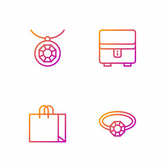 Set line Diamond engagement ring, Shopping bag jewelry, Pendant necklace and Jewelry box. Gradient color icons. Vector