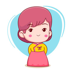 Cute cartoon character of Korean Lady wearing Hanbok Hand drawn style flat character isolated background