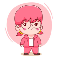 Fototapeta premium Cute cartoon character of cute red hair girl wearing glassess Hand drawn style flat character isolated background