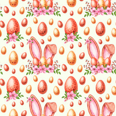 Watercolor pattern with Easter eggs, rabbit ears, flowers