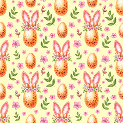 Watercolor pattern with Easter eggs with ears and flowers
