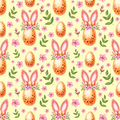 Obraz premium Watercolor pattern with Easter eggs with ears and flowers
