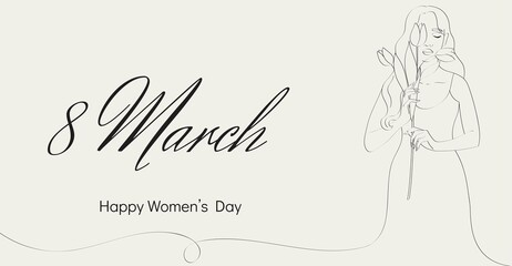 Vector banner in minimal style  for 8 March international womens day. Woman line art with flowers.