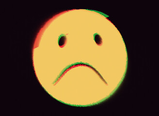 A sad goofy emoji (smile), drawn in a simple wide angle style (yellow round shape over a black background), with intentional distortions and glitch fx.
