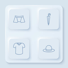 Set line Men underpants, Umbrella, T-shirt and Man hat. White square button. Vector