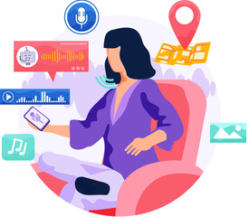 Voice assistant software agent perform tasks for user. Speaker recognition, vote controlled smart speaker. Woman voice activated digital assistants, identification. Virtual assistant, sound robot