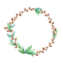 Watercolor wreath Easter willow. Spring frame with twig, green leaves.
