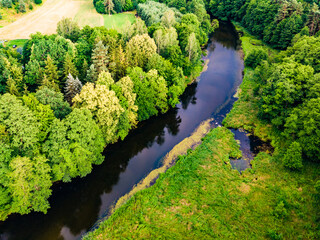 Brda river and Tuchola forest in Poland. Aerial view