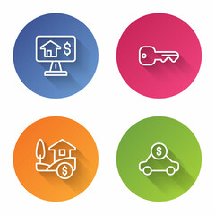 Set line Online real estate, House key, with dollar and Car rental. Color circle button. Vector