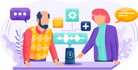 Voice assistant. Smart speaker virtual assistant, sound robot, people using voice controlled smart speaker. Voice activate digital assistant identification control contactless mobile device microphone
