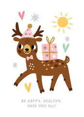 Animal birthday card with cute wish. Deer with gift box