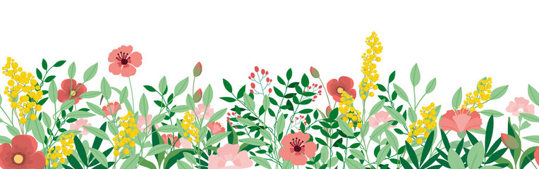 Fototapeta Wild flowers, spring grass seamless pattern 3d realistic vector obraz