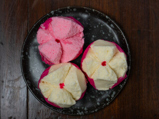 The Chinese fluffy rice flour cake on wood table for celebration day
