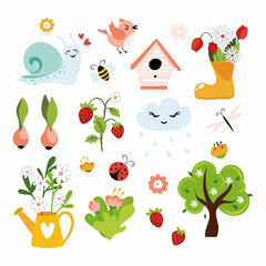 Set of spring season elements. Colllection of cute garden objects, flowers and birds. Vector illustration.
