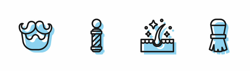 Set line Oil for hair care treatment, Mustache and beard, Classic Barber shop pole and Shaving brush icon. Vector
