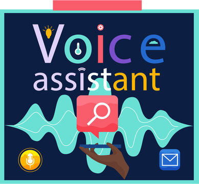 Voice assistant banner. Smart speaker with voice recognition flat vector inscription for websites on blue background. Smart speaker recognizes voice commands and controls smart home devices