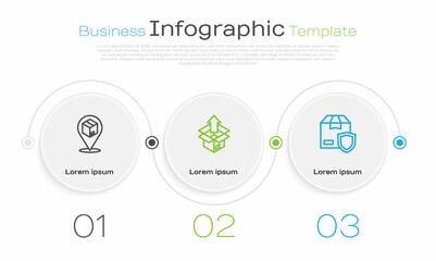 Set line Location with cardboard box, Unboxing and Delivery security shield. Business infographic template. Vector