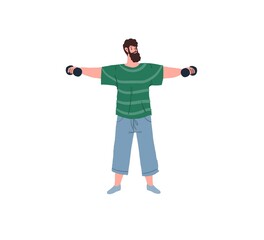Vector flat cartoon man character enjoy sport activities,doing workout with dumbbells isolated on empty background,healthy sporty lifestyle social concept,web site ad banner design