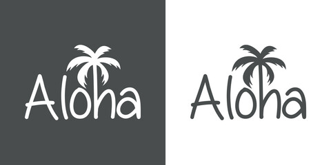 Hawaii Beach. Destino de vacaciones. Banner con texto Aloha con letra con forma de silueta de palmera en fondo gris y fondo blanco