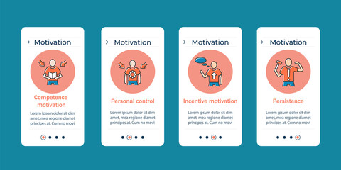 Fototapeta na wymiar Motivation onboarding mobile app screens. Goals setting, personal control and emotional state. Inspiration steps menu. Set of UI, UX, web template with RGB color linear icons