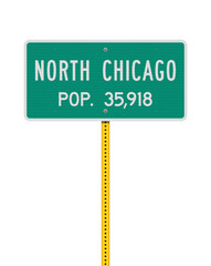 Vector illustration of the North Chicago Population green road sign on yellow metallic post
