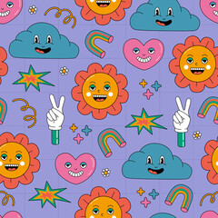 Seamless pattern with abstract shapes and cute funny retro comic characters flowers, clouds, heart clip art. Hand drawn colored vector illustration on blue background. Trendy modern flat cartoon style