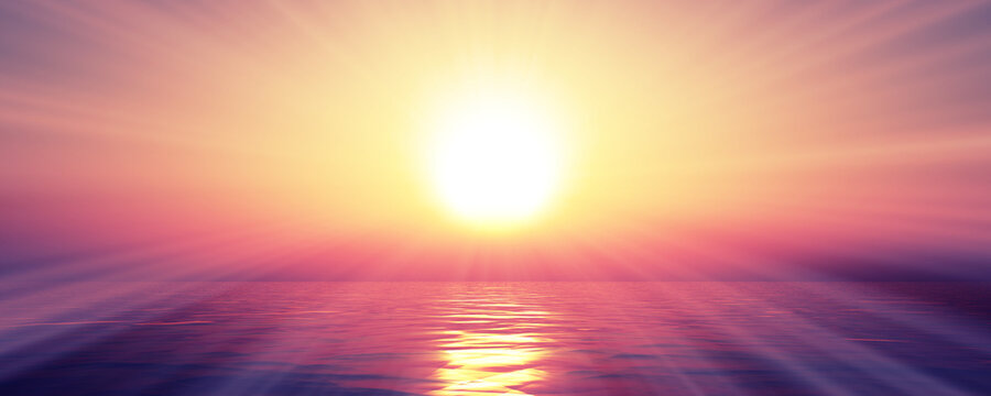 sunset sea sun ray clear sky. 3d rendering