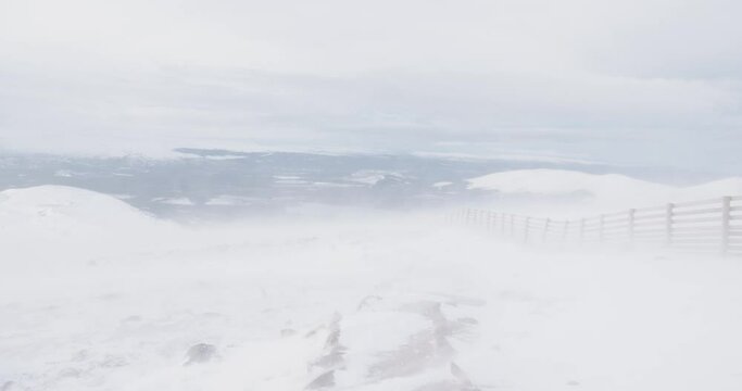 Footage of a snow storm in a Scottish mountain with high wind, snow and blizard conditions
