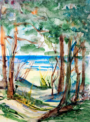 Fototapeta na wymiar Watercolor drawing road through a pine forest and dunes to the sea, travel sketch