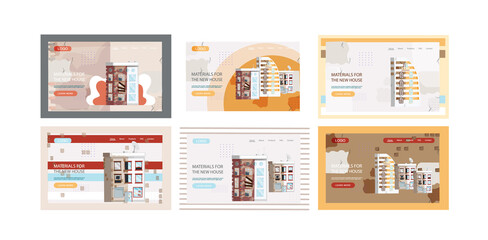 Materials for new house landing page template. Construction and building industry accessories, equipment web site. Goods for interior and facade repairs. Building maintenance and development service