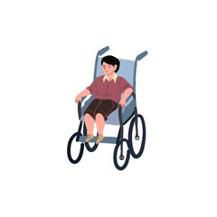 Vector cartoon flat kid character sits in wheelchair-disabled childrens care and support theme,equal human rights,social justice,happy childhood for all children concept,web site banner ad design