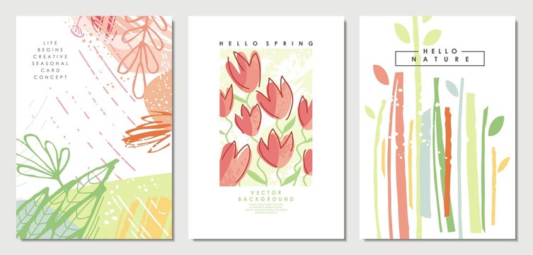 Set of spring covers and backgrounds. Floral seasonal banners, templates, backdrops, placards, cards and posters. Vector illustration with abstract nature landscapes and flowers.